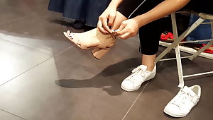 Shoe shopping with friend. tries high heels, sexy feets toes