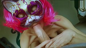 Young Stepsister Sucking Cock Passionately with Pink Hair and a Cat Mask
