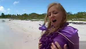 Make love on beach with purple silk blouse on to satisfy satin fetish