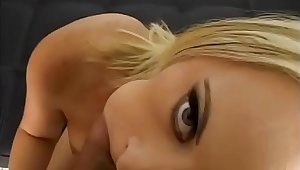 Sexy blond in red Breanna Fox strips and sucks cock from POV then gets jizzed